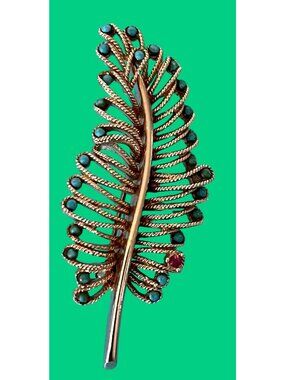 Vintage Barr Gold-Tone Leaf Pin Brooch With Green & Red Stones